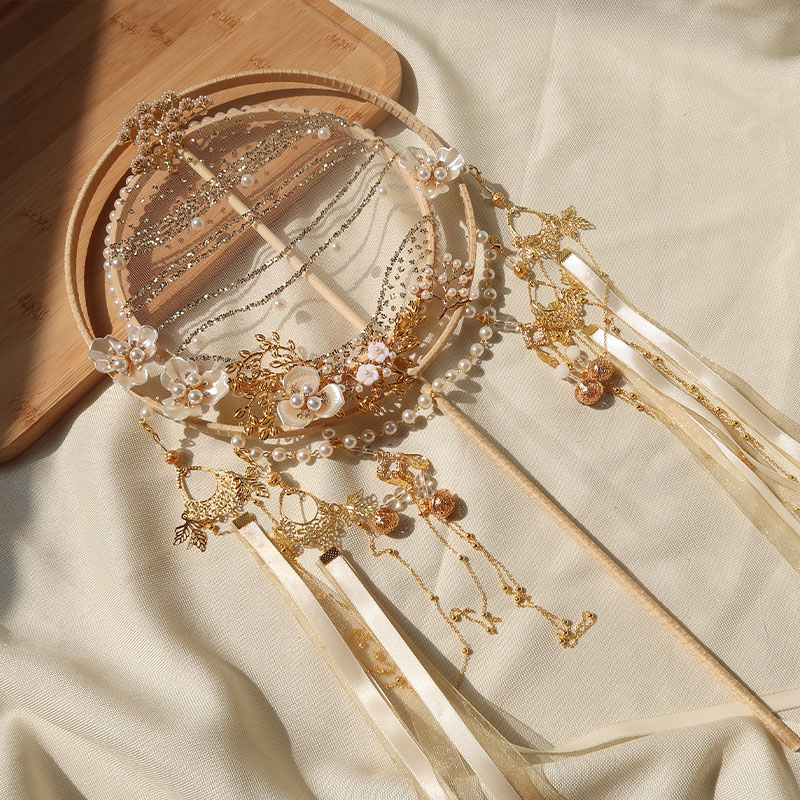 Evening Yin original Gilded long-handled tuan fan double circle Hanfu hand holding fan ancient style wedding fan diy material bag hi fan