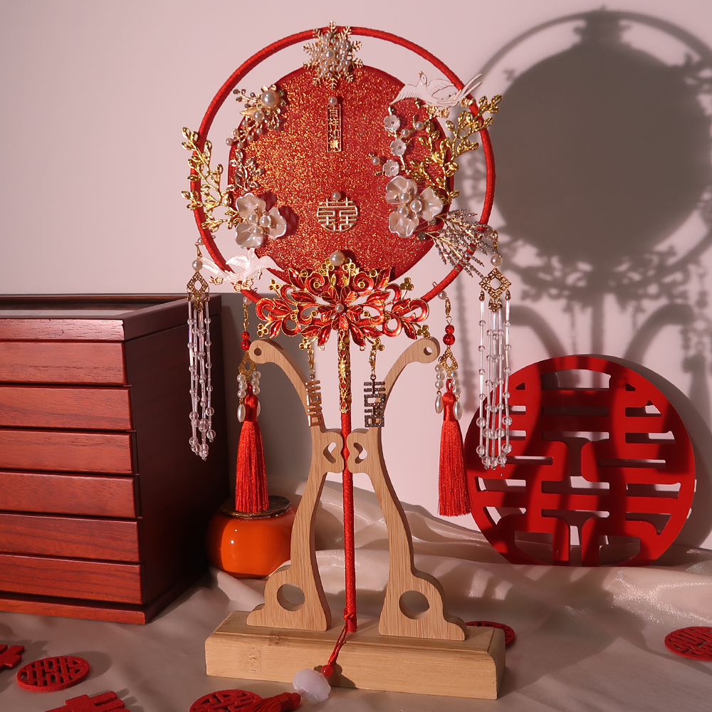Red Cluster fan marriage bride diy material package Chinese wedding double-lap hand fan finished high-end Xiu fan