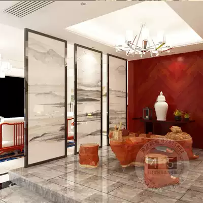 New Chinese style freehand ink screen partition wire glass dry and wet separation custom landscape semi-transparent silk clip glue