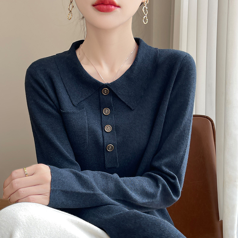Fashionable Lapel Loose-Fitting Autumn and Winter Pullover Shirt Fine Knit Top High-End Polo Collar Retro Knitwear Sweater