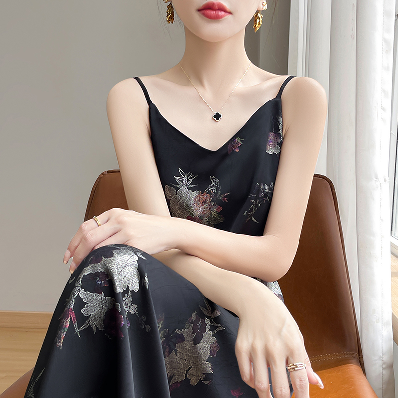 High-End Elegant Chinese-Style Jacquard Print Satin Slip Dress with Drape Effect High-End Elegant Chinese-Style Jacquard Print Satin Slip Dress with Drape Effect