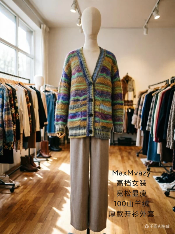 French Maxmvazy High-End Women's Clothing Loose and Slimming 100% Cashmere Thick Cardigan Jacket