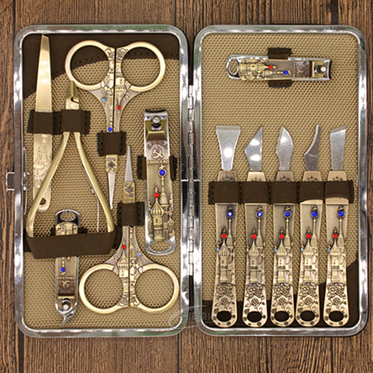 Russian castle nail set 12 manicure nail clipper with diamond inset bronze-colored leather gift box
