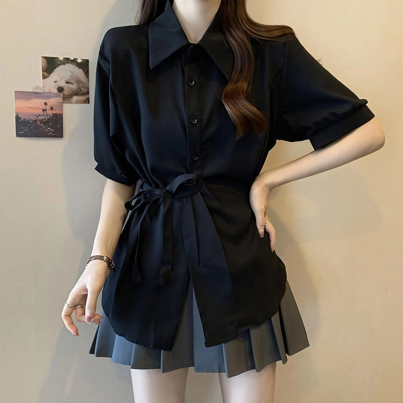 French Commuter Style Black Half-Sleeve Chiffon Shirt for Women, Summer Mid-Length, Waist-Cinching, Slimming, Asymmetrical Tie-Up Top French Commuter Style Black Half-Sleeve Chiffon Shirt for Women, Summer Mid-Length, Waist-Cinching, Slimming, Asymmetrical Tie-Up Top