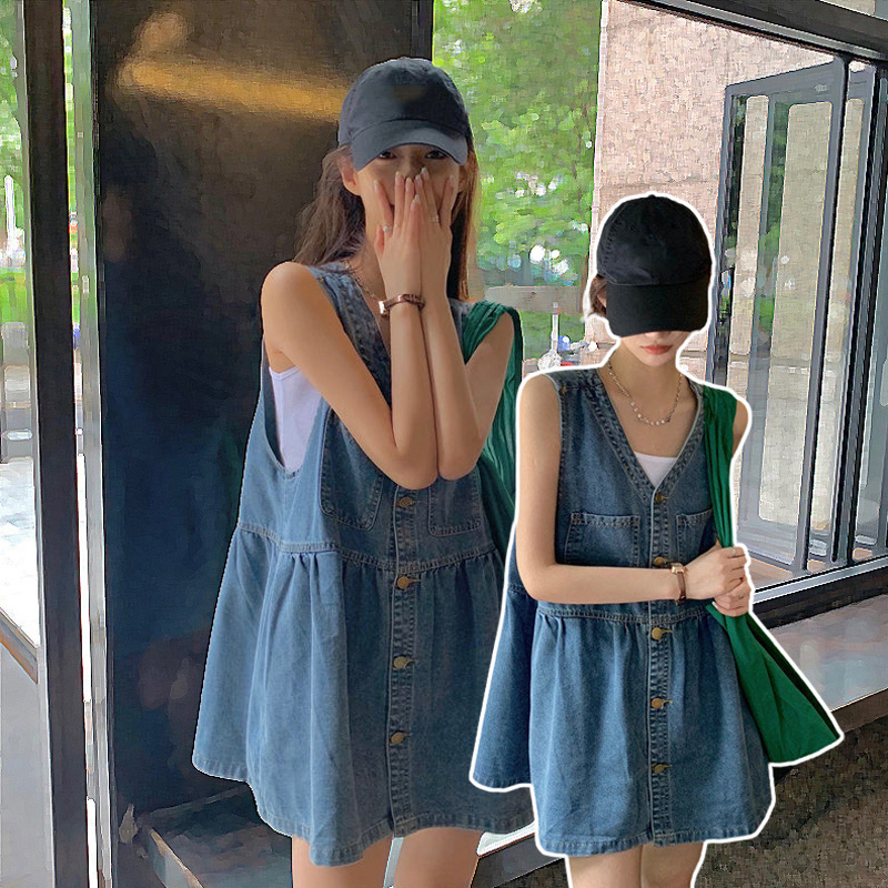 Korean Style Denim Suspender Dress for Women, Summer Thin French-Style Loose Camisole Sleeveless Vest Short Skirt