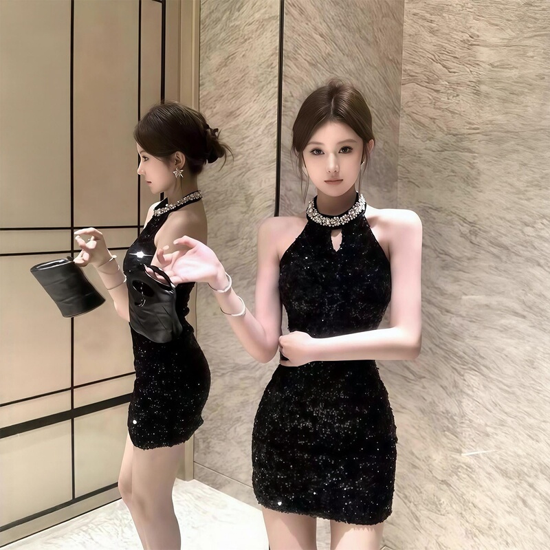 Sexy Hot Girl Black Sequin Halter Dress Women's Summer Slim Fit High-End Banquet Dress Hip-Hugging Short Skirt
