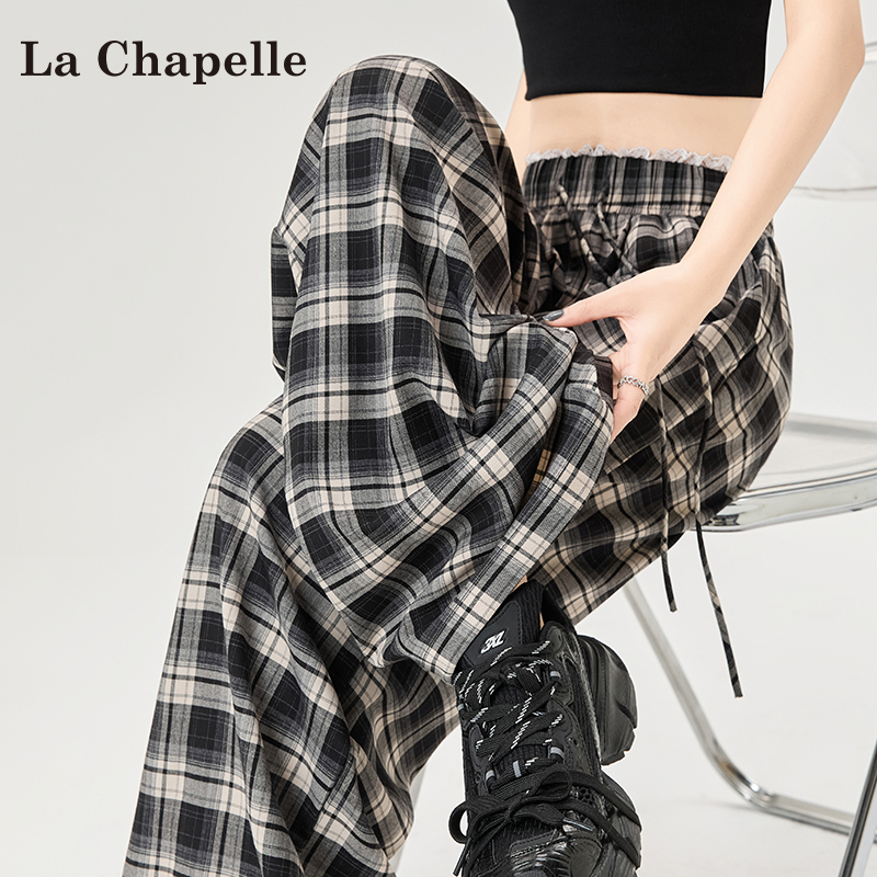 La Chapelle Black and White Checkered Wide-Leg Pants for Women, 2026 Summer Thin Style, Petite High-Waisted Loose Straight Pants