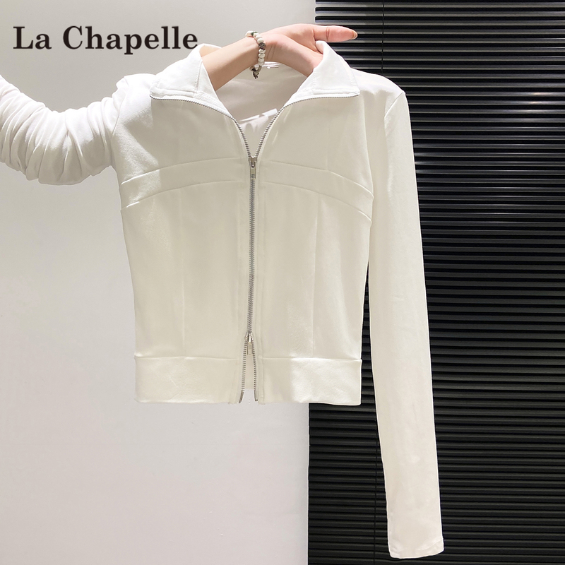 La Chapelle White Long-Sleeve Regular Shoulder T-Shirt for Women, Autumn 2026 New Design, Short Slim-Fit Jacket Top