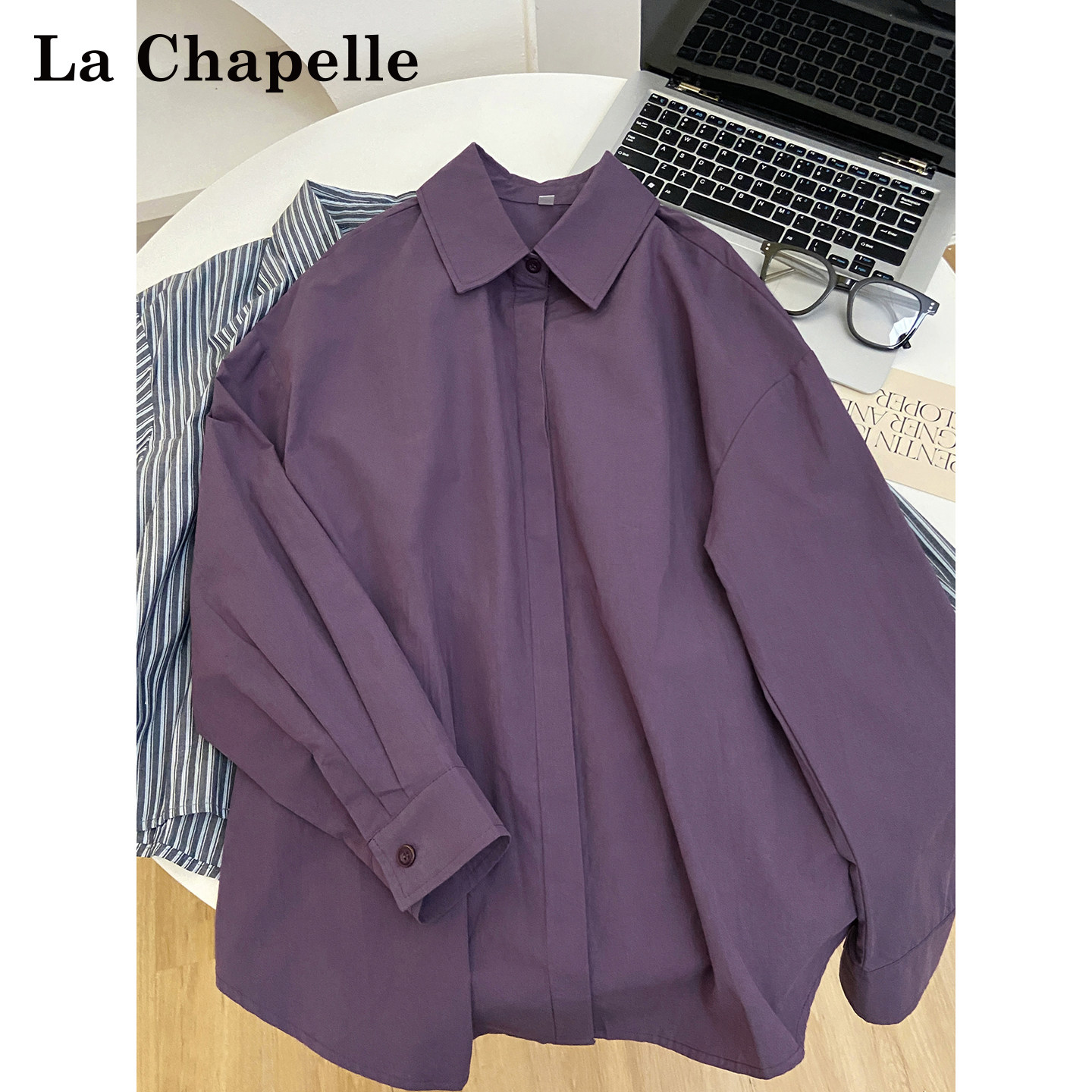La Chapelle, фиолетовая свободная рубашка с длинными рукавами и отворотом, женская новинка 2026 года, весенний маленький жакет, кардиган, топ