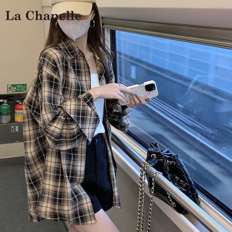 La Chapelle Retro Plaid Lazy Style Long-Sleeved Shirt for Women 2026 New Summer Loose Casual Jacket Top