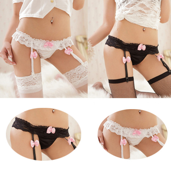 2 bộ cáp treo sexy cô gái thongs T quần màu đen và trắng garter đồ lót + ren vớ