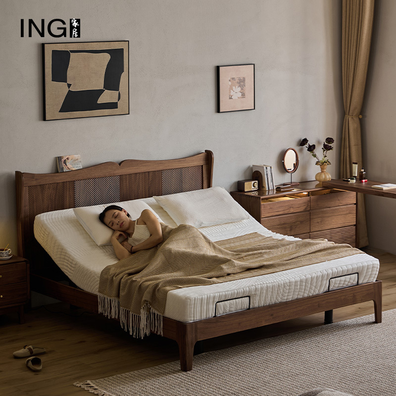 North American Black Walnut Smart Bed with Remote Control, Multifunctional Electric Bed, Vintage Wedding Bed, Master Bedroom Solid Wood Double Bed