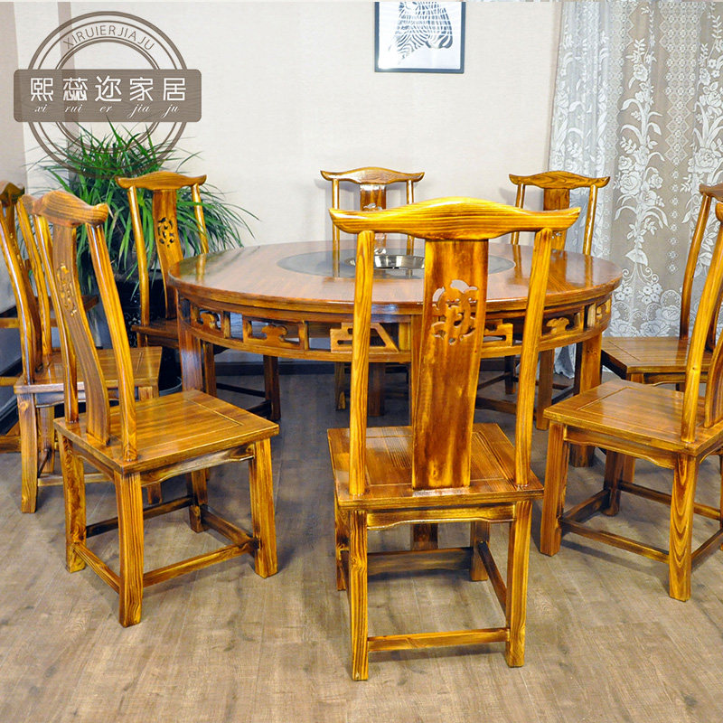 Manufacturers direct wood hot pot table and chair combination gas liquefied furnace solid wood hot pot table custom hot pot table