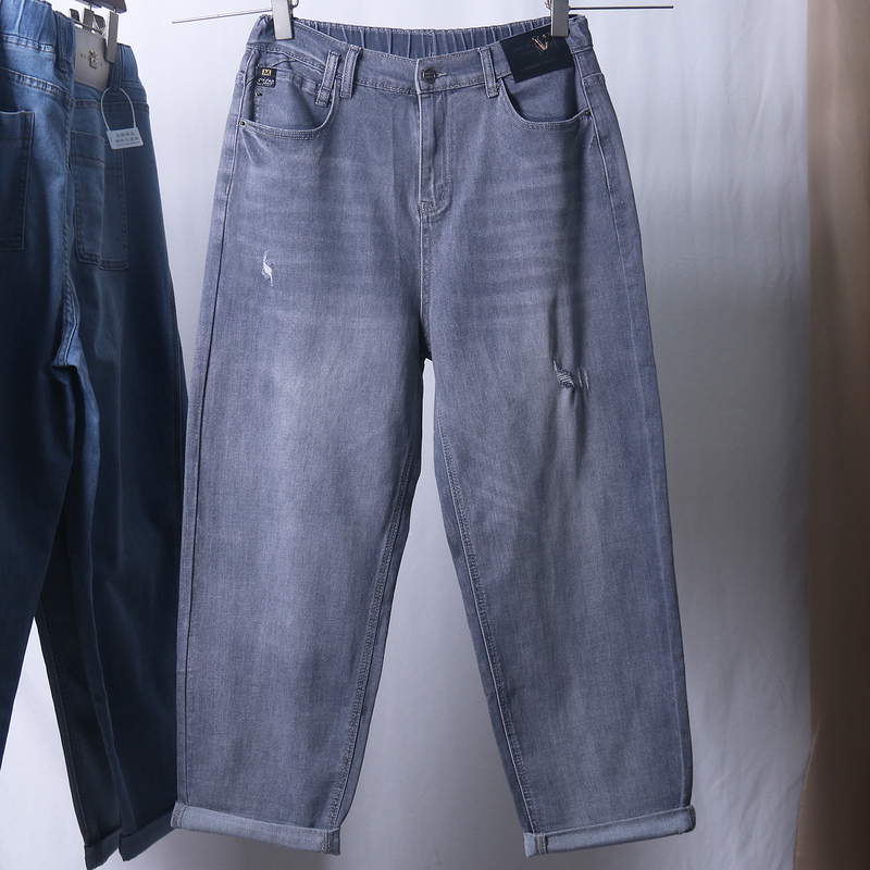 European and American High-End Soft Denim Jeans for Women, Loose Wide-Leg Ripped Elastic Plus-Size Pants for Plus-Size Women, Gray Dad Jeans, Thin