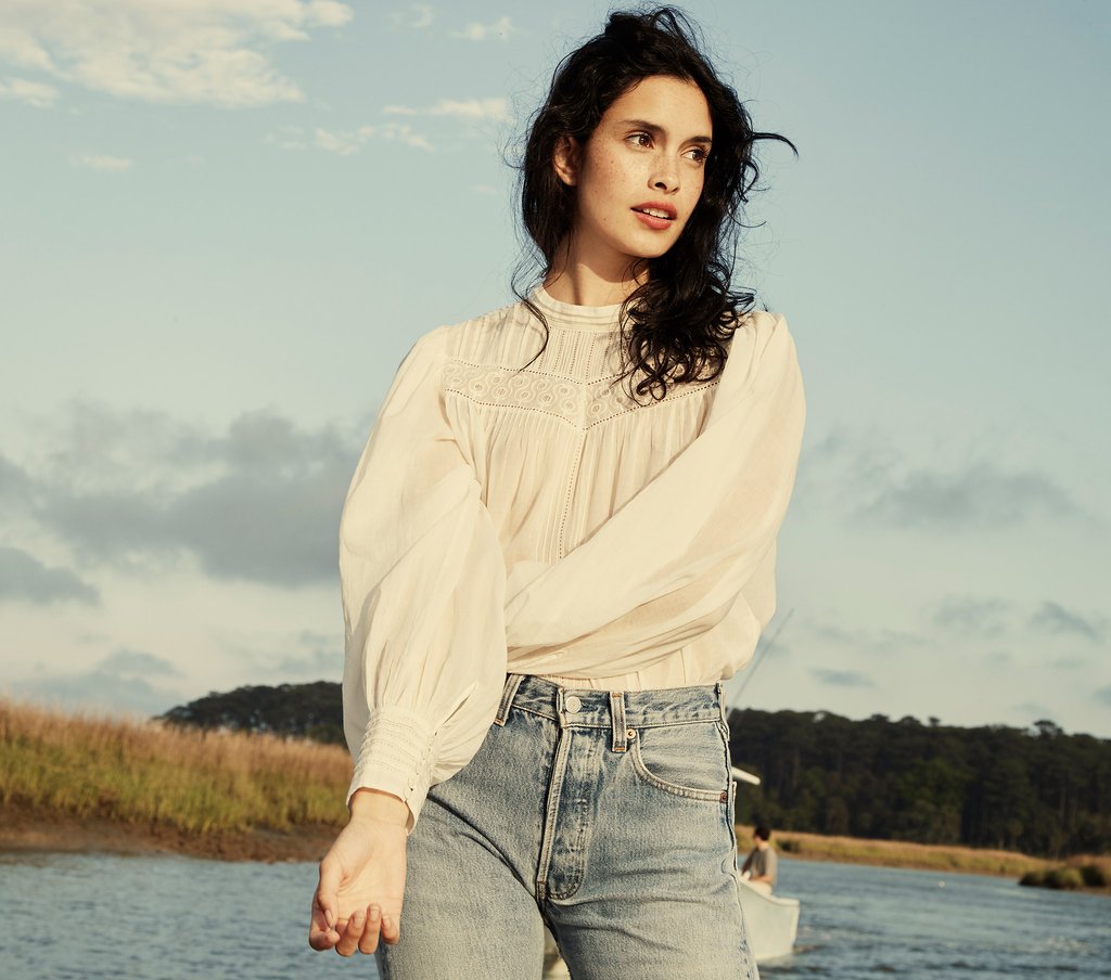 American DOEN French Tulle Lantern Sleeve Button-Up Cover Top Shirt