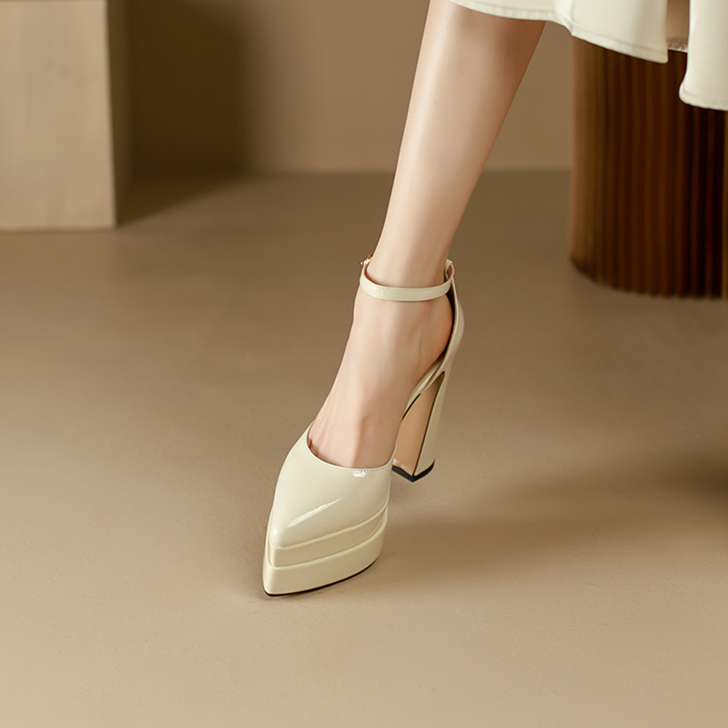 European and American Style Waterproof Platform High Heels for Women, Chunky Heel, Pointed Toe, Thick-Soled Closed-Toe Sandals, Genuine Leather, Sky-High Heels, Runway Style, 13cm