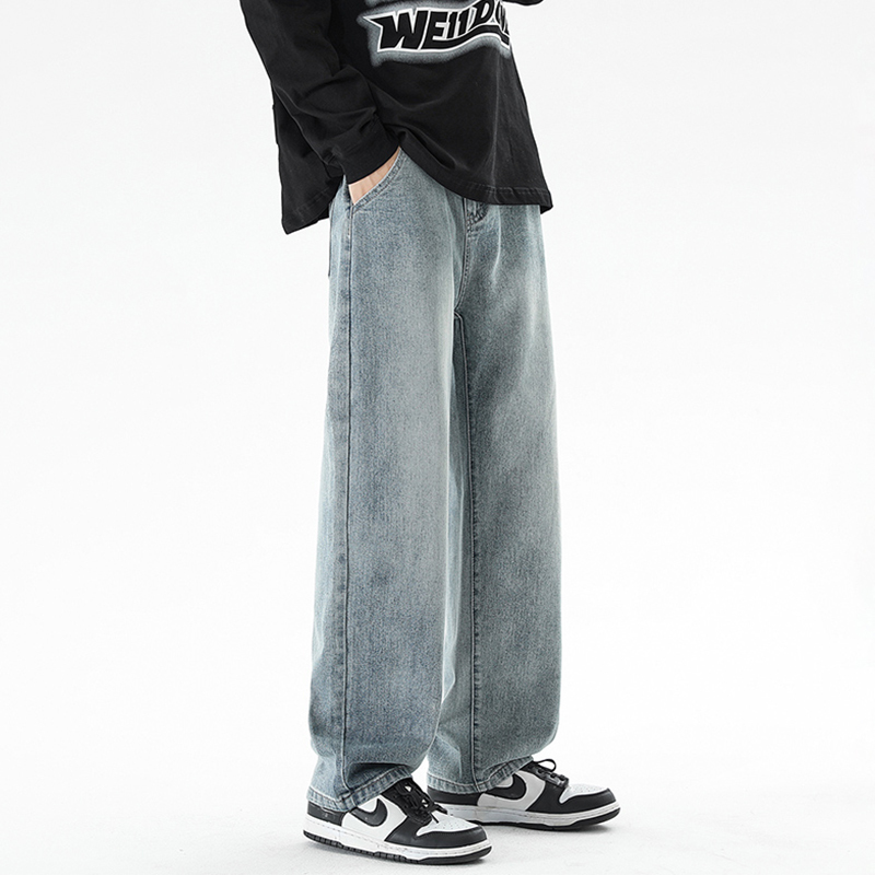 Men's Cropped Pants for Short Guys, Japanese Retro Style, Loose Wide-Leg Straight Jeans, Summer Dad Pants, Trendy