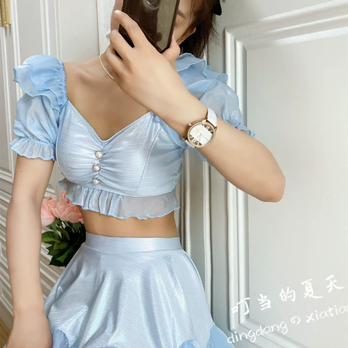 Элитный синий раздельный купальник для школьников, топ с чашечками, французский стиль, по фигуре