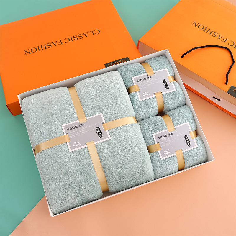Coral Velvet Towel and Bath Towel Three-Piece Set Company Opening Souvenir Business Group Purchase Gift Towel Gift Box with Logo