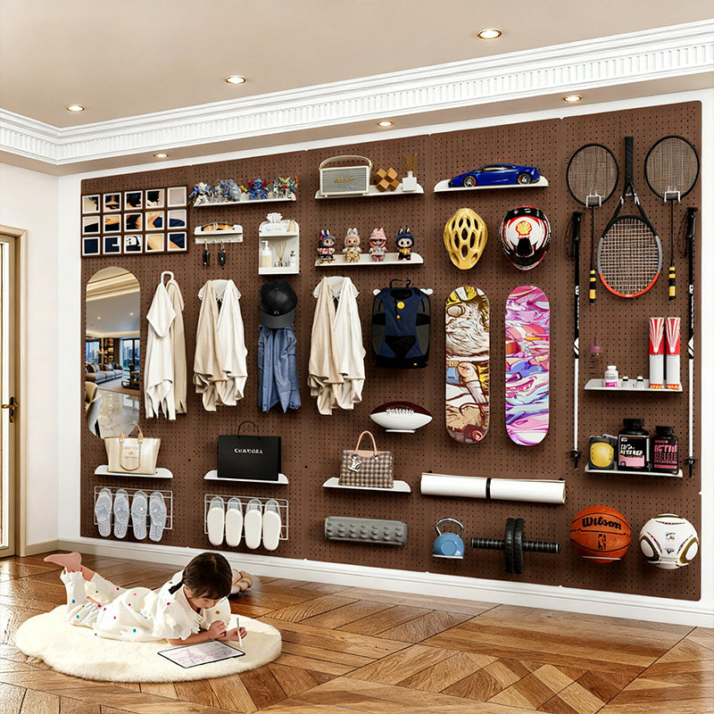 Perforated board storage rack entrance wall storage rack