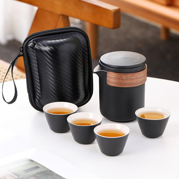 Black pottery travel tea set small set household portable exquisite outdoor teapot tea cup car travel quick cup