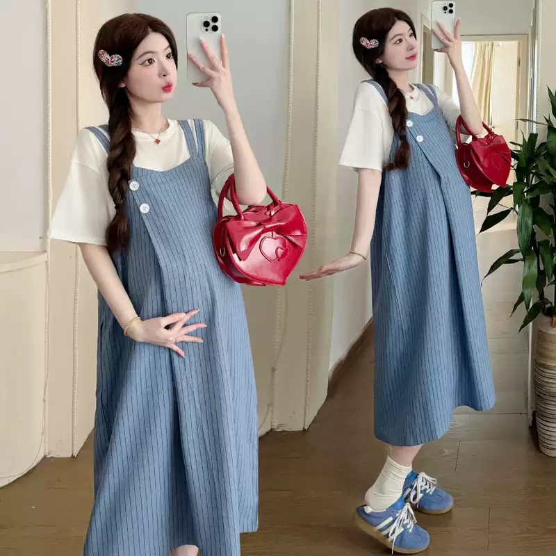 Radiation-Proof Maternity Clothing, Summer Pregnancy Clothes, Invisible Bellyband Inside, Loose-Fitting Striped Dress, Mid-Length Radiation-Proof Maternity Clothing, Summer Pregnancy Clothes, Invisible Bellyband Inside, Loose-Fitting Striped Dress, Mid-Length