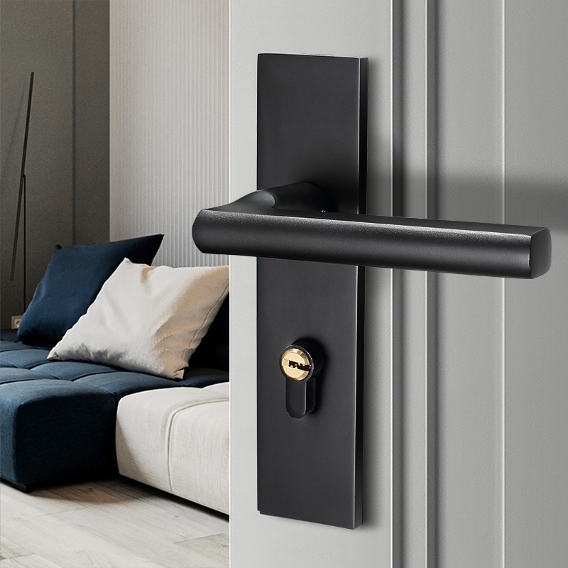 Black door lock household room door room bedroom simple solid wood door lock silent space aluminum two piece handle