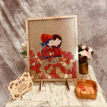Wedding wedding love wood chips sign in solid wood photo frame Golden print cartoon chart signature book creative personality customization