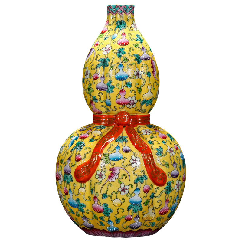 The Qing qianlong yellow scramble for colored enamel live ten thousand generation ribbon gourd bottle of jingdezhen ceramic vase furnishing articles sitting room