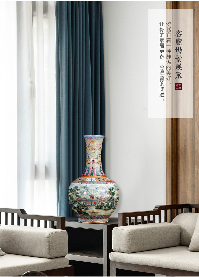 The Qing qianlong GuYueXuan pastel landscape vases, antique ancient porcelain of jingdezhen ceramic Chinese sitting room adornment is placed