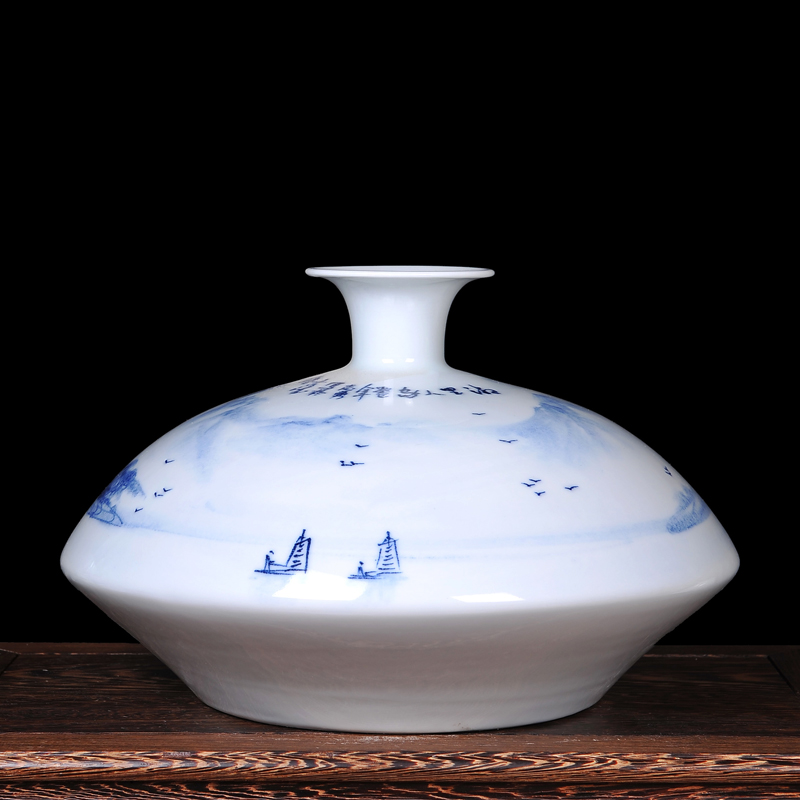 Jingdezhen ceramics famous hand - made scenery flat belly modern blue and white porcelain vase new classical household crafts