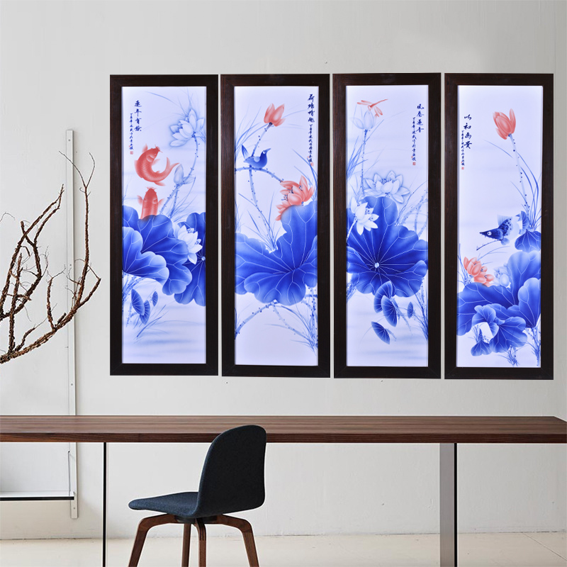 Jingdezhen ceramics Liu Shuwu hand - made lotus rhyme four screen porcelain plate painting the sitting room adornment household furnishing articles
