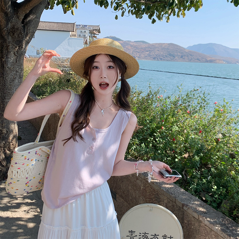 Su Sansan Purple Button-Up Vest for Women, Summer Outerwear, 2026 New Style, Camisole That Covers Side Breasts, Sleeveless T-Shirt, Thin Top Su Sansan Purple Button-Up Vest for Women, Summer Outerwear, 2026 New Style, Camisole That Covers Side Breasts, Sleeveless T-Shirt, Thin Top