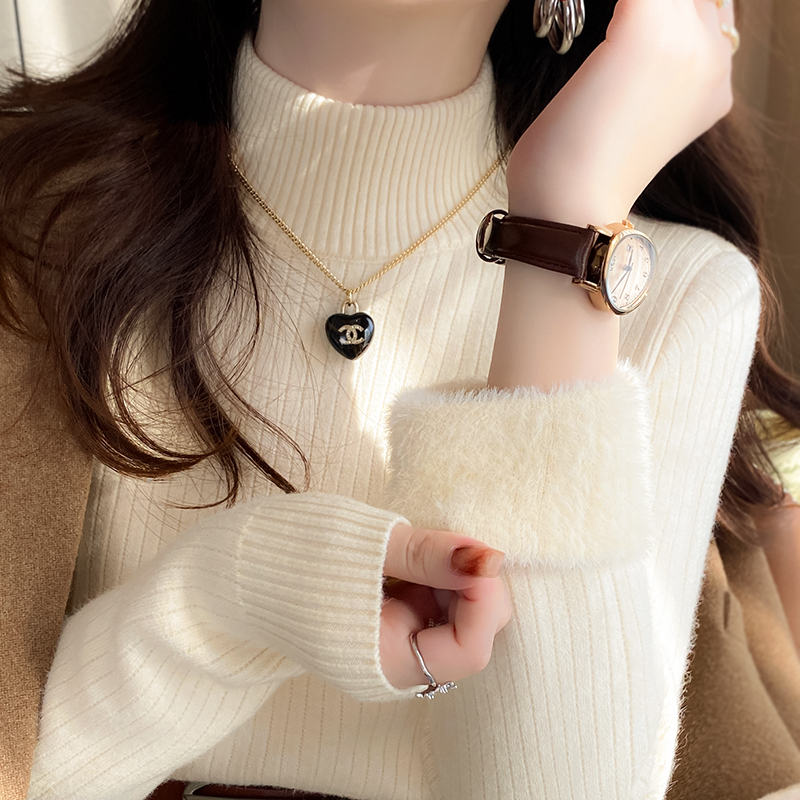 2025年秋冬レディースハーフタートルネックセーター、冬新作、厚手ワンピースフリースボトミングシャツ、スリムフィットニットトップス付き