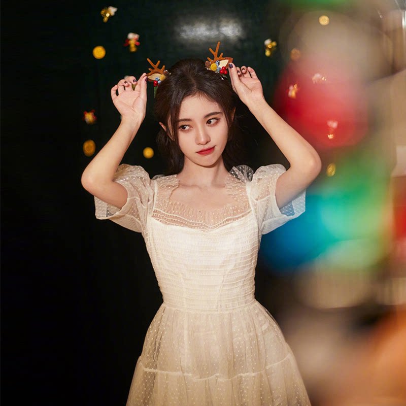 South Korean stars with the same bubble sleeves Ocean dress 2022 New summer-reduction age net yarn Gentle Fairy Wind Princess Dress