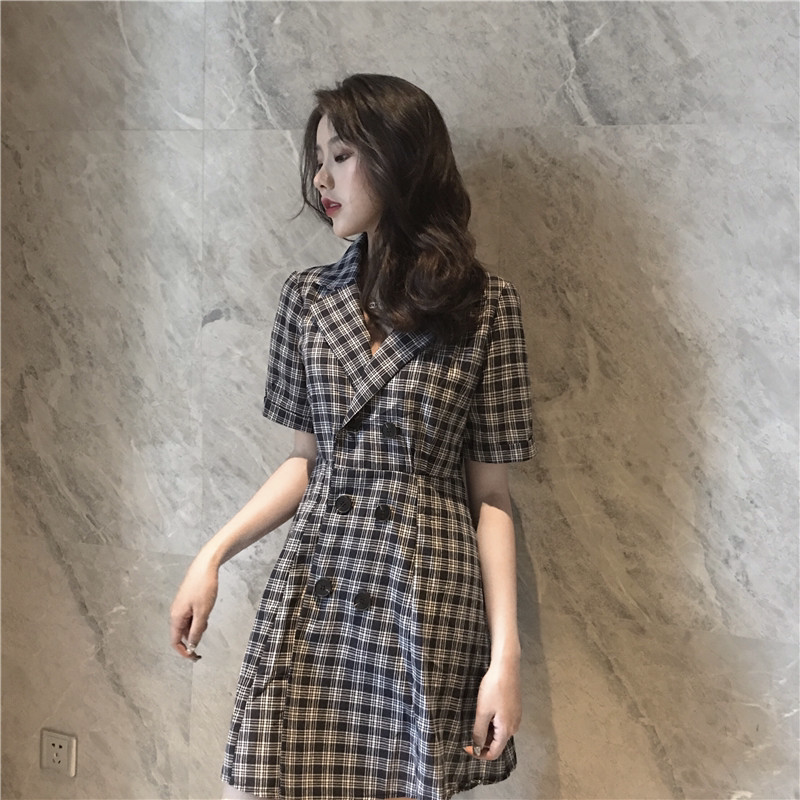 Korean suit plaid with dress 2022 Pop style little fresher teenage girl temperament retro skirt French little crowddress