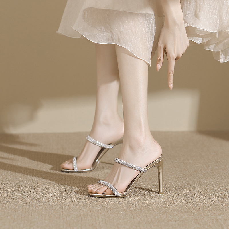 2025 Autumn New Silver Strap Sandals High Heels Women's Stiletto Slippers Rhinestone Gold Half Slippers for Outdoor Wear