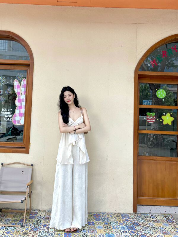 Ta Suki Summer Apricot-Colored Linen-Like Wide-Leg Pants High-Waisted Slimming Casual Lazy Style Design Floor-Length Pants