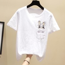 Spring and summer new white T-shirt womens loose and wild short-sleeved T-shirt slub cotton Korean version of womens rabbit embroidery base shirt