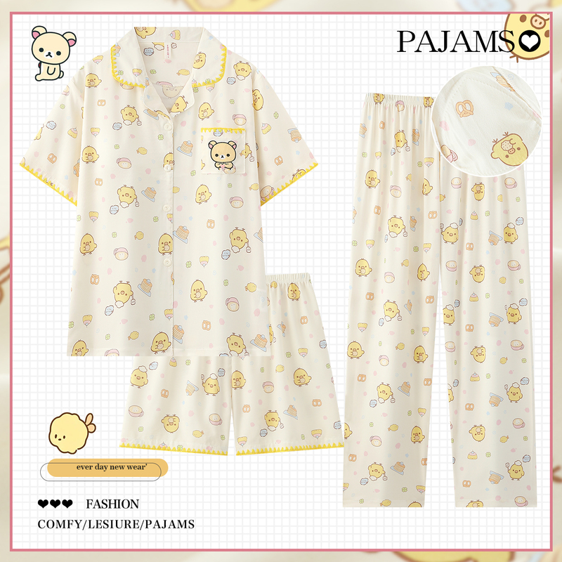 Rilakkuma Cloud Cotton Pajamas for Women with Chest Pads, Three-Piece Set, Summer Short-Sleeve Cartoon Cute Summer Student Homewear Rilakkuma Cloud Cotton Pajamas for Women with Chest Pads, Three-Piece Set, Summer Short-Sleeve Cartoon Cute Summer Student Homewear