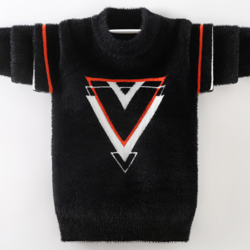 Boys' imitation mink fleece sweater children's autumn and winter new knitted pullover middle and big boys' bottoming shirt with velvet and thickening
