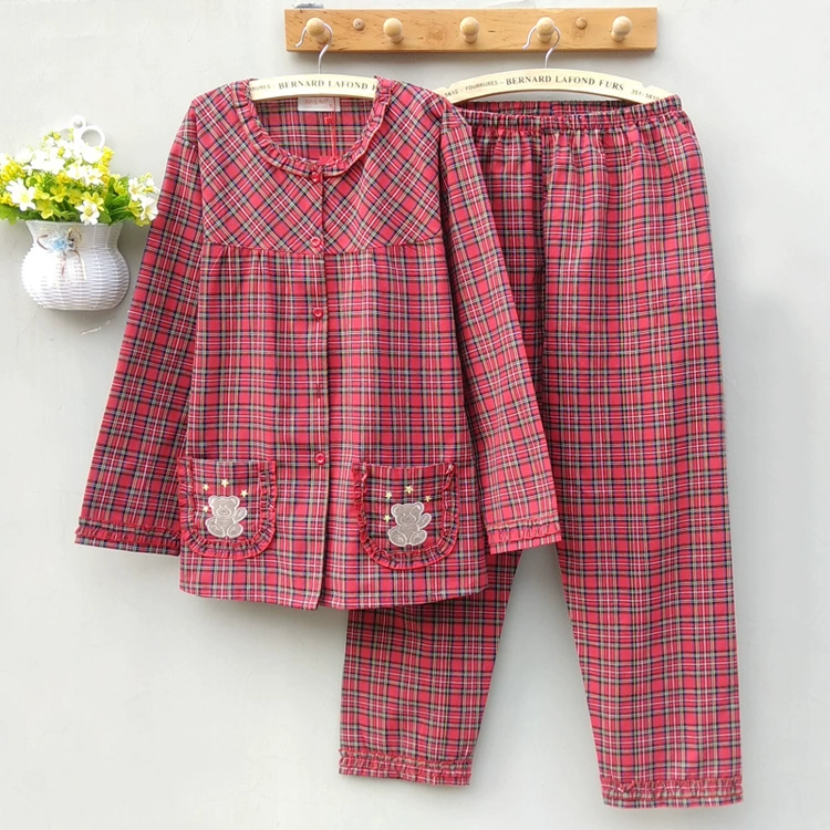 Bộ đồ ngủ bằng vải cotton trung niên cũ của phụ nữ mùa xuân và mùa thu mẫu cotton dài tay kẻ sọc dệt bằng vải cotton mùa hè