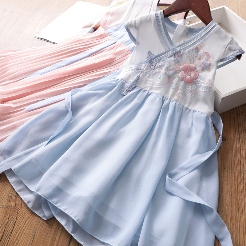 Chinese Wind Girls Improvement Han clothes CUHK Snowy Spinning Foreign Dress Baby Thin retro qipao 2021 Summer Scout