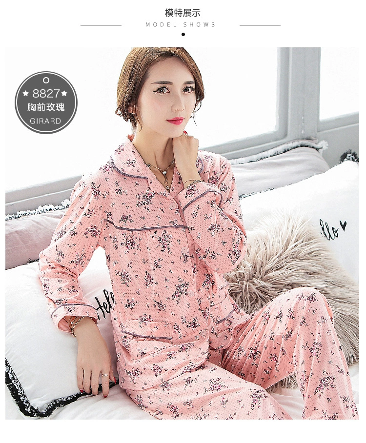 Bộ đồ ngủ mùa xuân và mùa thu của phụ nữ quần dài tay cotton mỏng phần trung niên mẹ cỡ lớn cotton cardigan phù hợp với dịch vụ nhà mùa hè