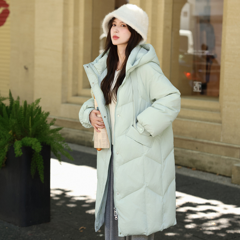 Plus-Size down Jacket for Women, Mid-Length, Korean Style, Over-The-Knee, Thickened, Stylish White Duck down Coat 100kg