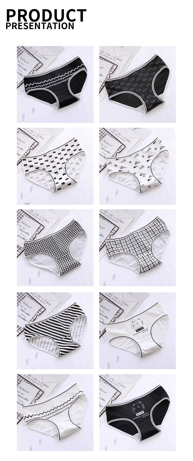 Mèo trắng đen thủy tinh 100% cotton Quần nữ eo giữa nữ Quần cotton tam giác đáy quần đầy đủ cotton bán buôn quan lot trung niên