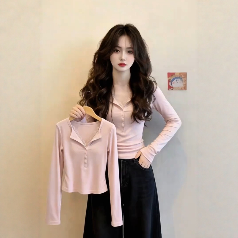 Korean-Style Sweet Pink Half-Open Collar Long-Sleeve T-Shirt for Women, Autumn Design with Lace Patchwork, Waist-Cinching Slim-Fit Base Shirt