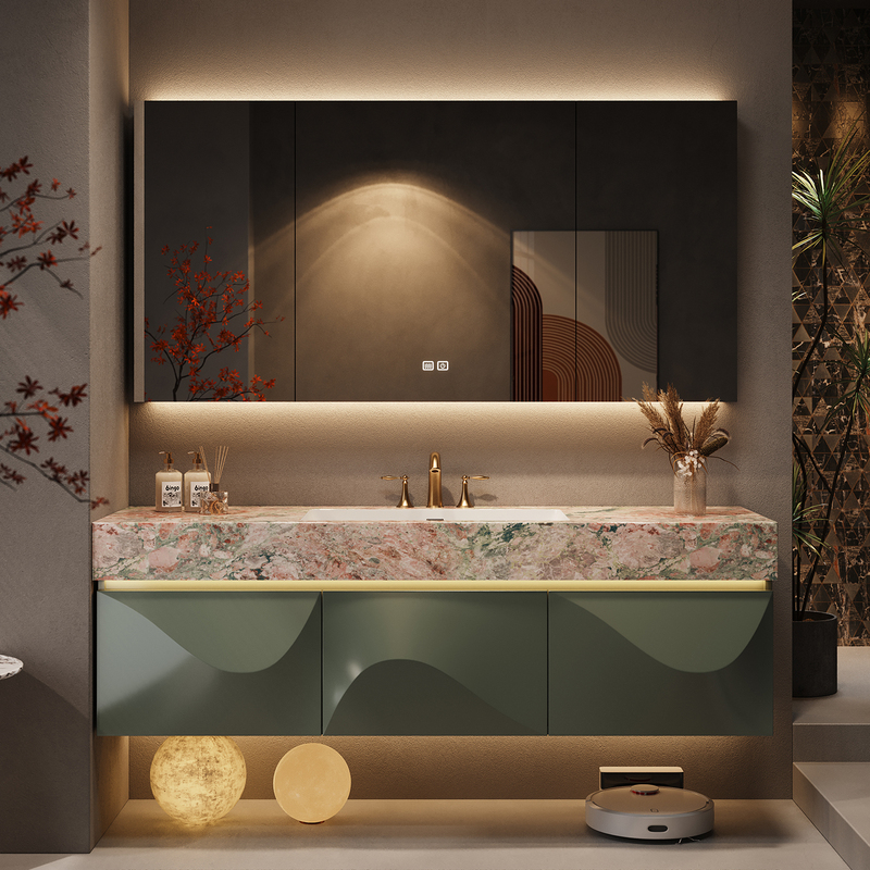 Designer Italian-Style Light Luxury Oak Bathroom Cabinet Set, All-In-One Washbasin with Peach Pink Color for All Seasons Designer Italian-Style Light Luxury Oak Bathroom Cabinet Set, All-In-One Washbasin with Peach Pink Color for All Seasons