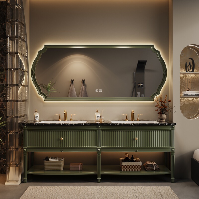 Floor-Standing French-Style Vintage Double-Basin Bathroom Cabinet Set with Natural Marble Washbasin Cabinet and Vanity