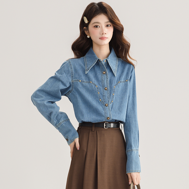 Retro Blue Denim Thin Shirt for Women 2025 Spring and Autum Loose-Fitting Elegant Top Long-Sleeved Design Versatile Shirt